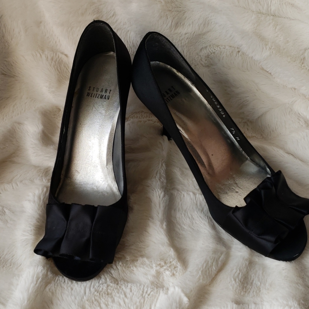 Stuart Weitzman Black Satin Open Toe 3" Pump 7.5